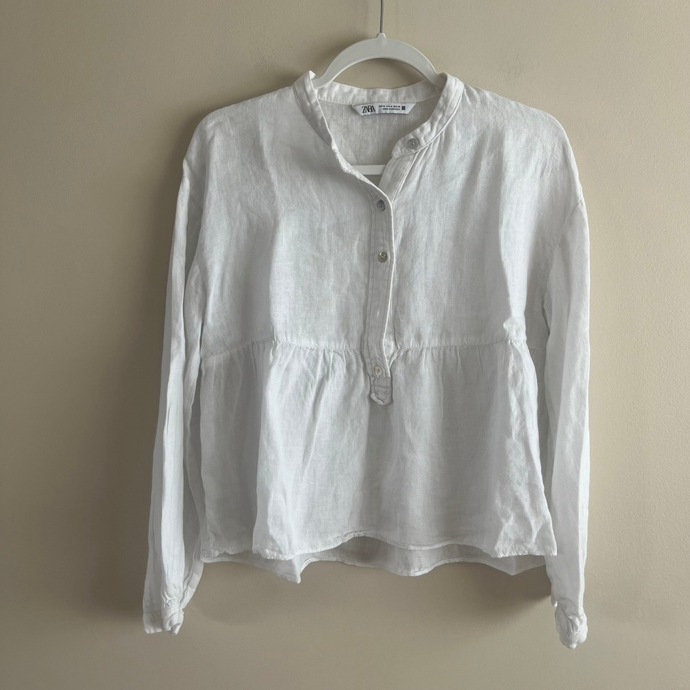 Zara White 100% Linen Band Collar Peplum Tunic Blouse Top Womens Medium